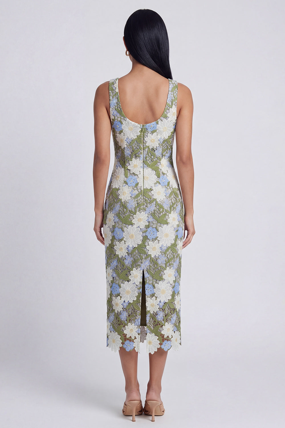 Scoop Neck Floral Green Cut Out Midi Wedding Guest Dress - Image 2