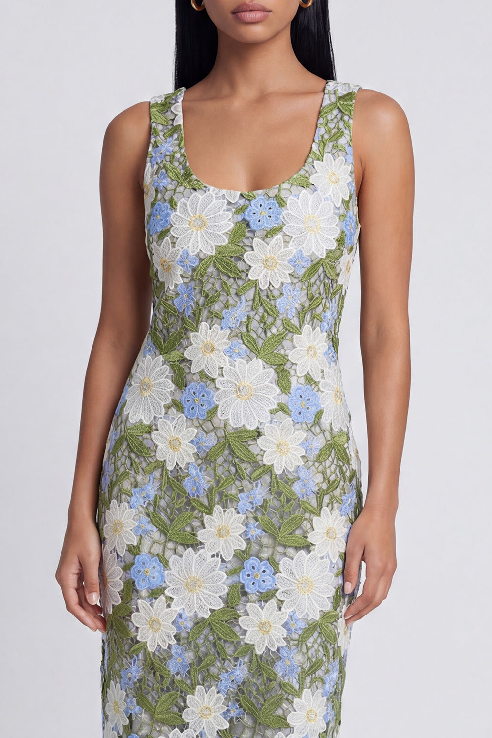 Scoop Neck Floral Green Cut Out Midi Wedding Guest Dress - Image 3