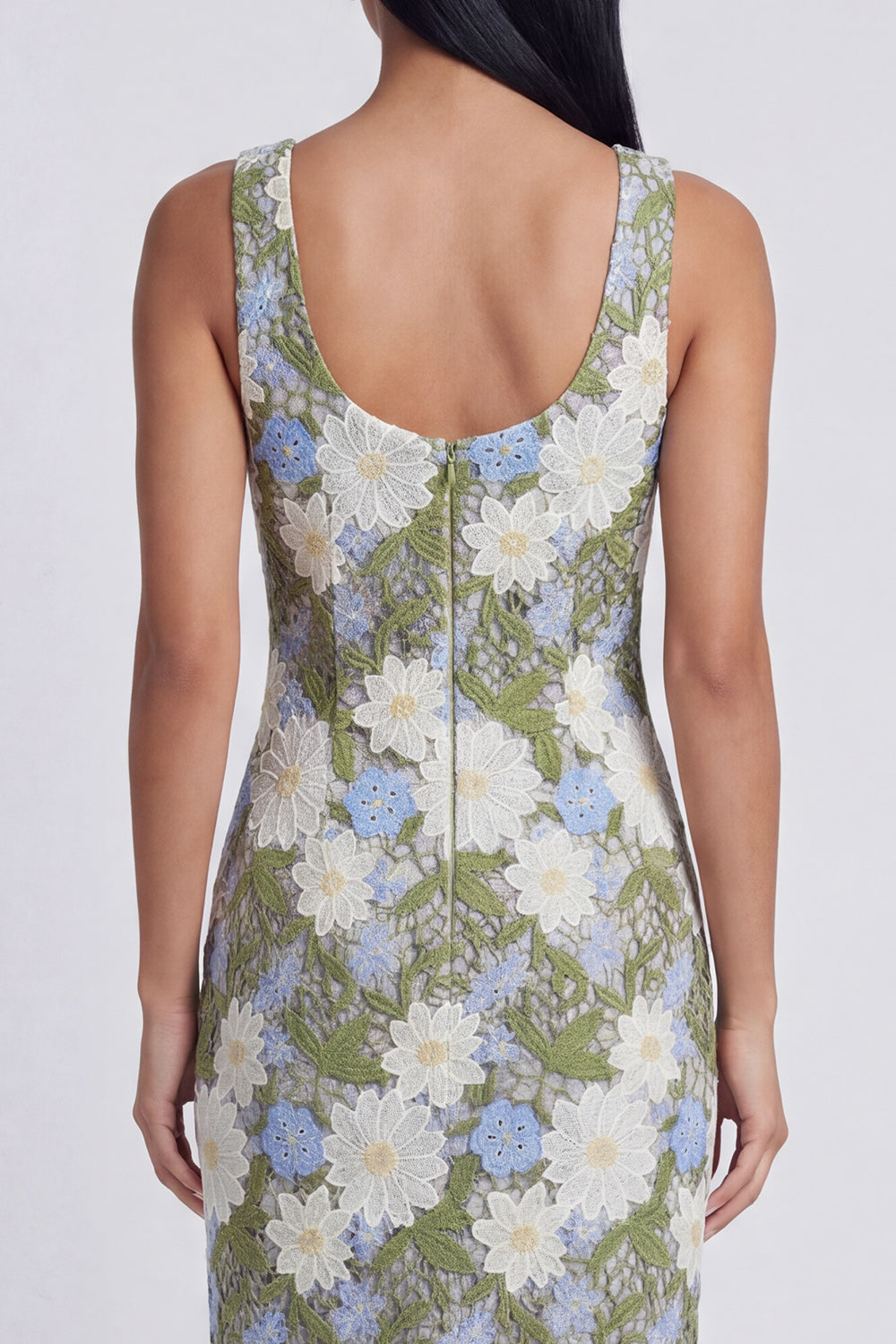 Scoop Neck Floral Green Cut Out Midi Wedding Guest Dress - Image 4