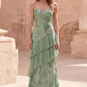 Sage Green Ruffled A Line Appliqued Maxi Prom Dress