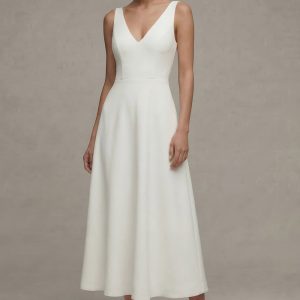Satin A Line White V Neck Midi Engagement Dress