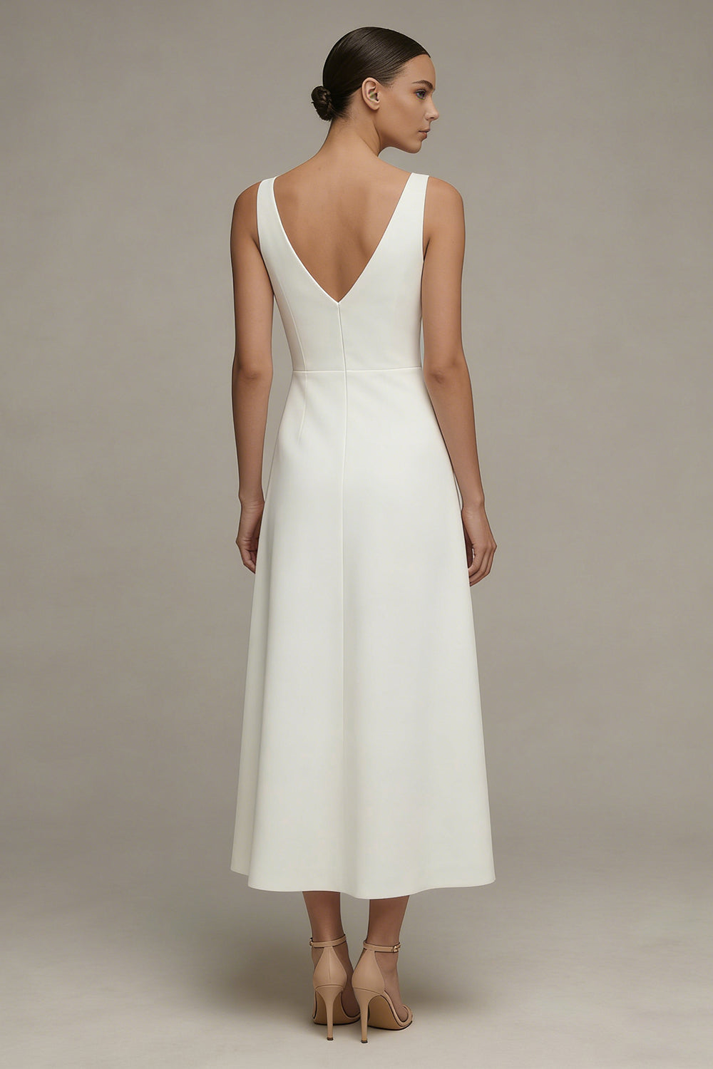 Satin A Line White V Neck Midi Engagement Dress - Image 2