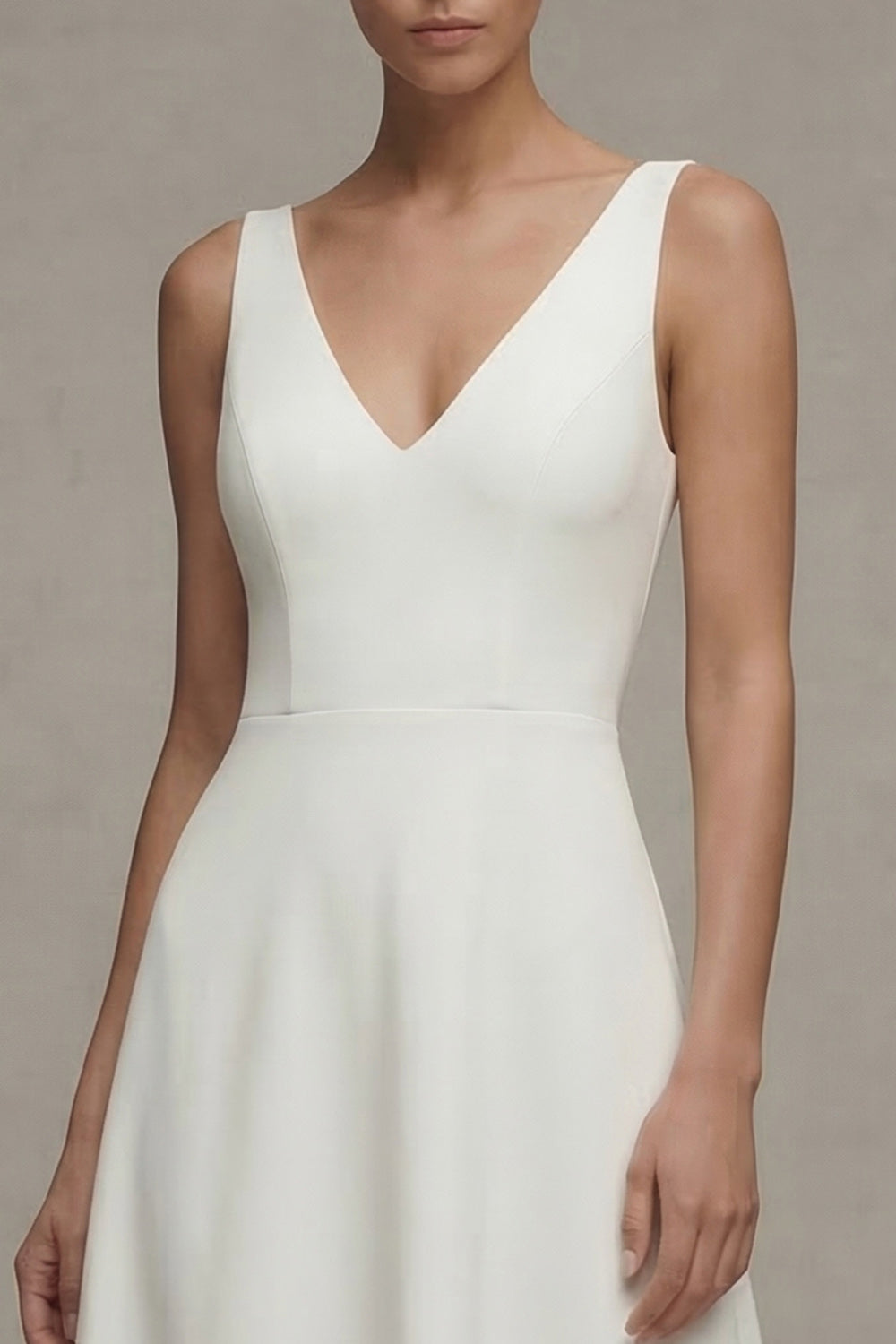 Satin A Line White V Neck Midi Engagement Dress - Image 3