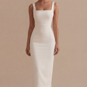 Satin White Bodycon Midi Engagement Dress with Slit