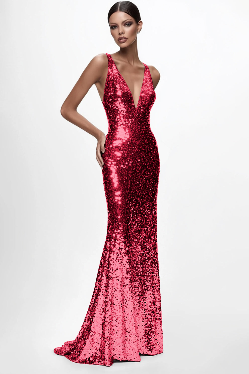 Sequined Silver V Neck Mermaid Formal Dress - Image 4