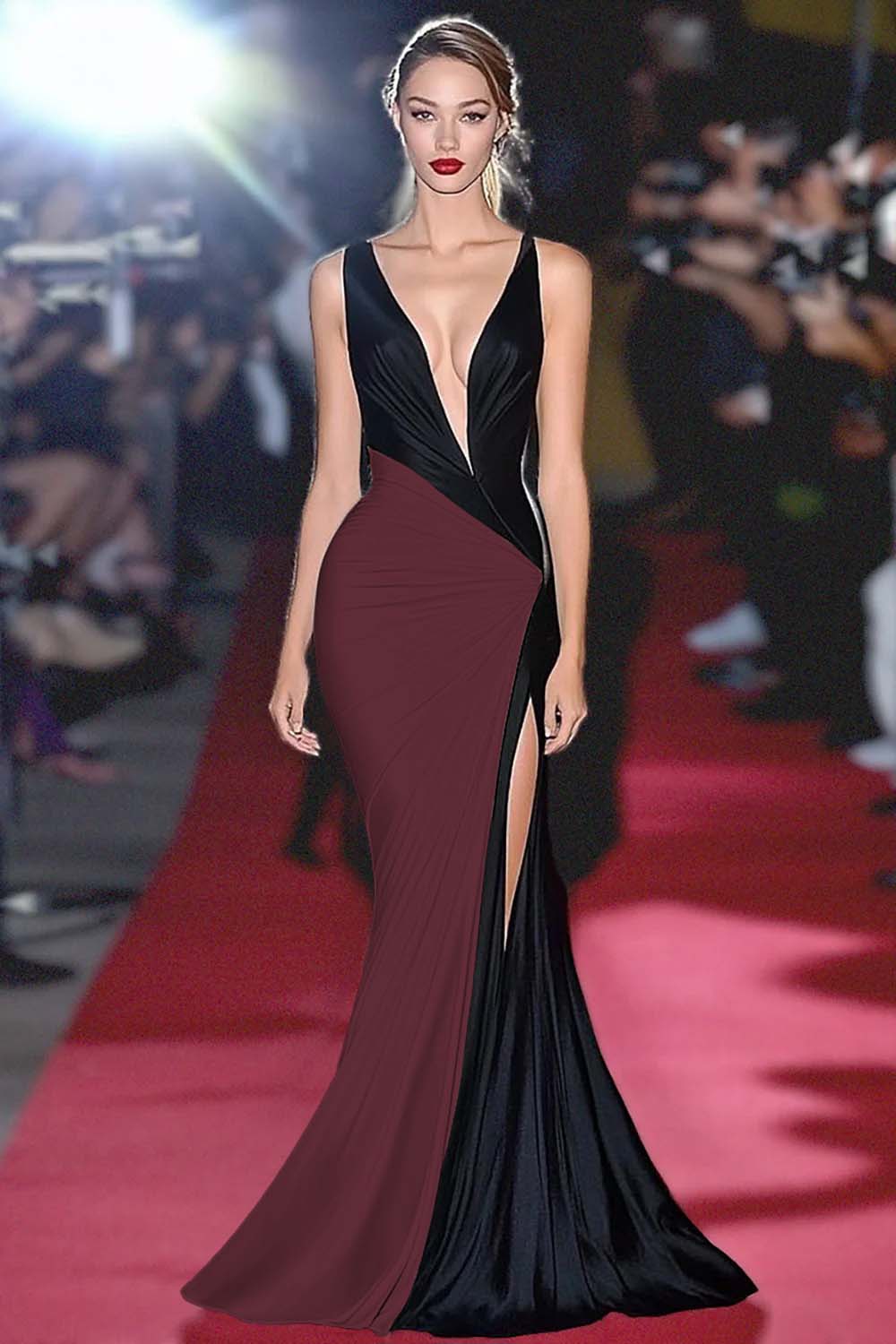 Mermaid Black&White Deep V Neck Long Gala Dress - Image 6