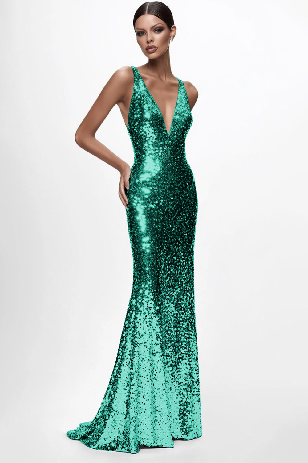 Sequined Silver V Neck Mermaid Formal Dress - Image 5
