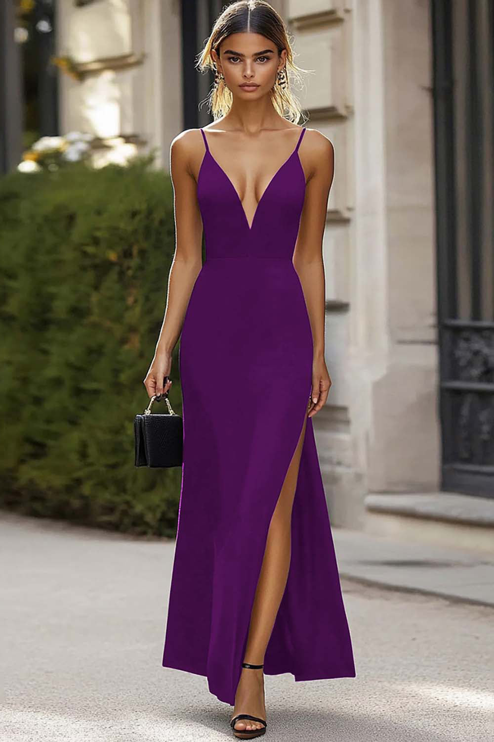 Sheath Spaghetti Straps Black Tie Dress with Slit - Image 7